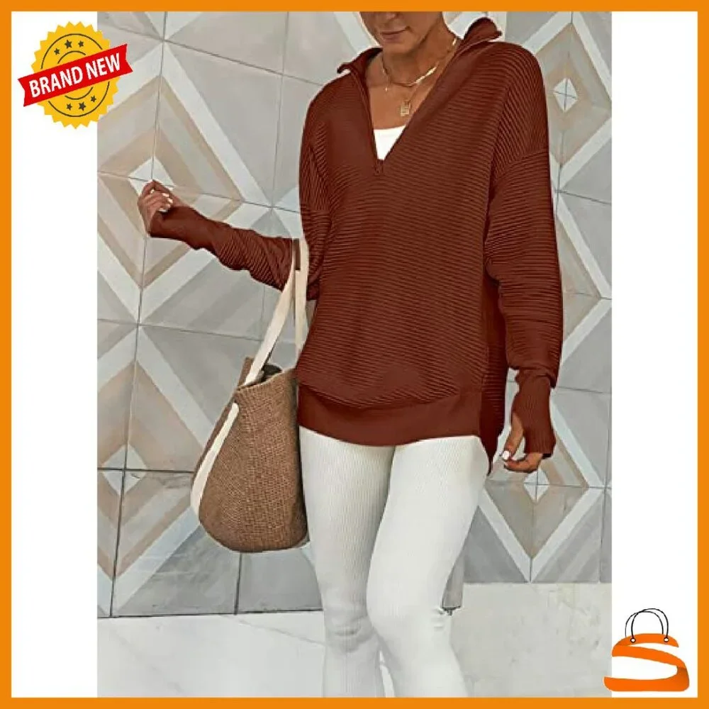 Long Sleeve Quarter Zip Pullover Sweater Ribbed Knit Loose Fit Thumb Hole - Picture 5 of 8